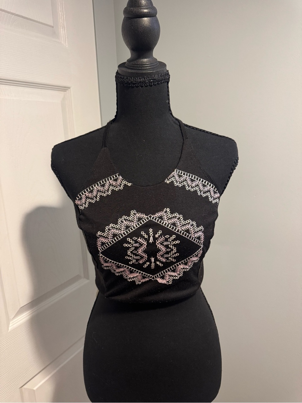Charlotte Russe Black Halter Crop Top with Pink Embroidery